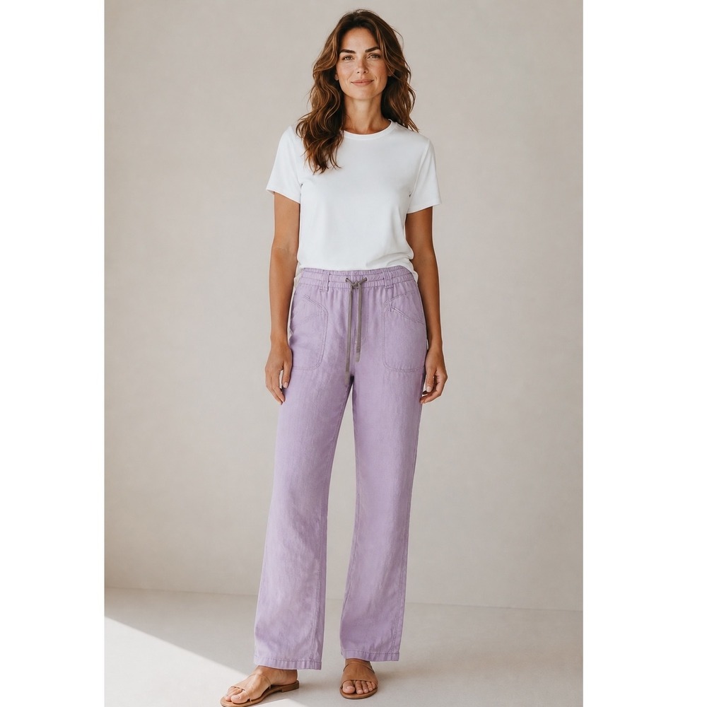 Athleta Lavender 100% Linen Cargo Pants Purple Straight Leg Womens 10 Utility - Picture 1 of 10